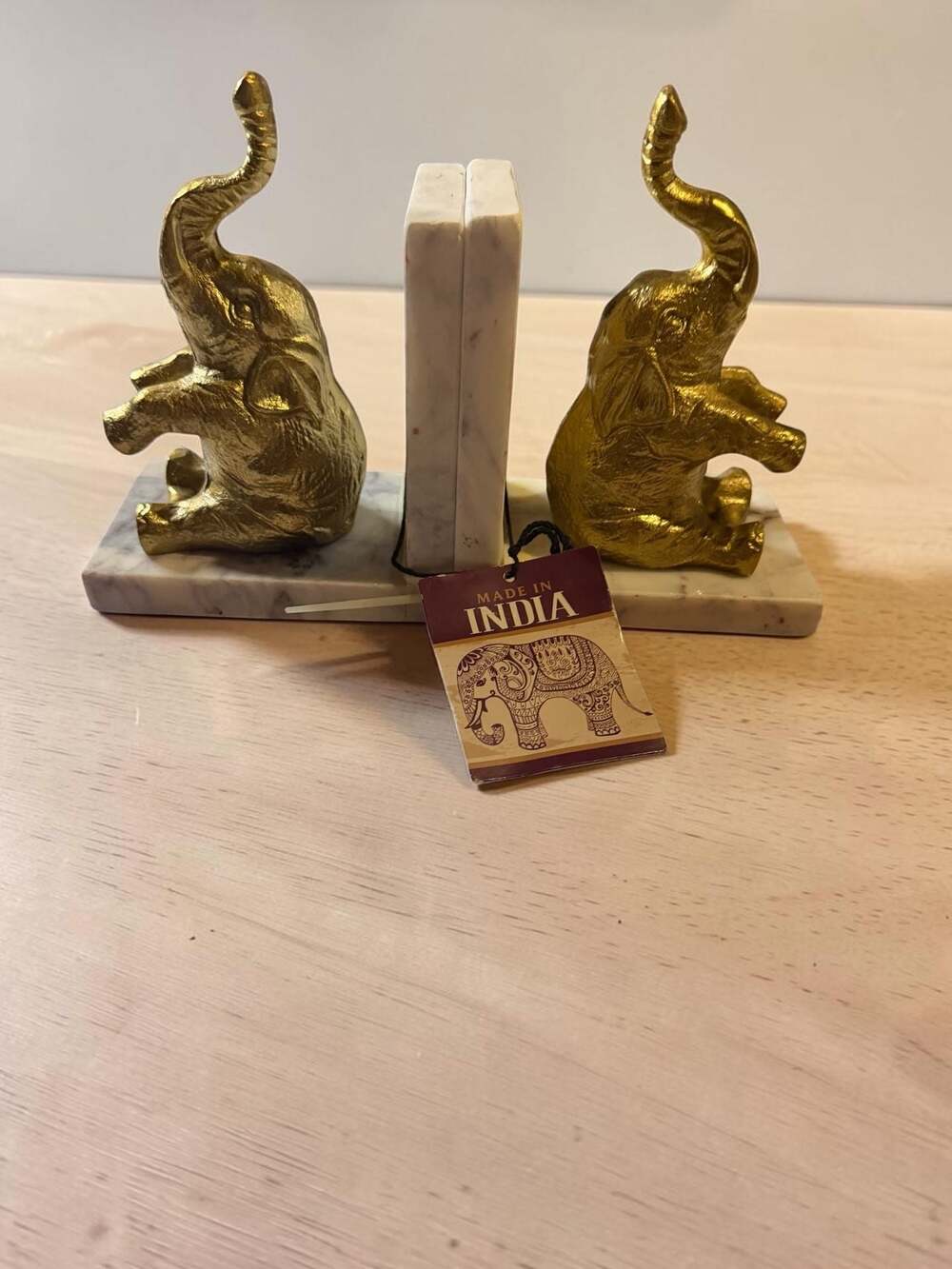 Gold-Tone Metal Elephant Figurine Marble Base Bookends Made in India